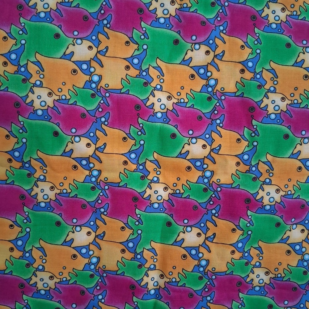 Vtg Tropical Fish Tessellation Novelty Print Fabric Multicolor Cotton 44x56